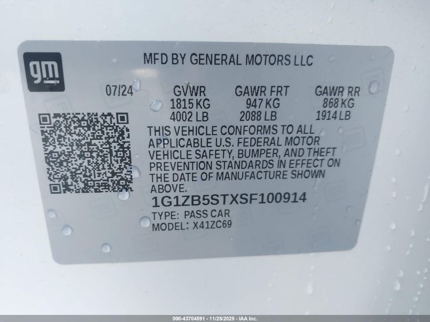 2025 Chevrolet Malibu Fwd Ls VIN: 1G1ZB5STXSF100914 Lot: 43704591