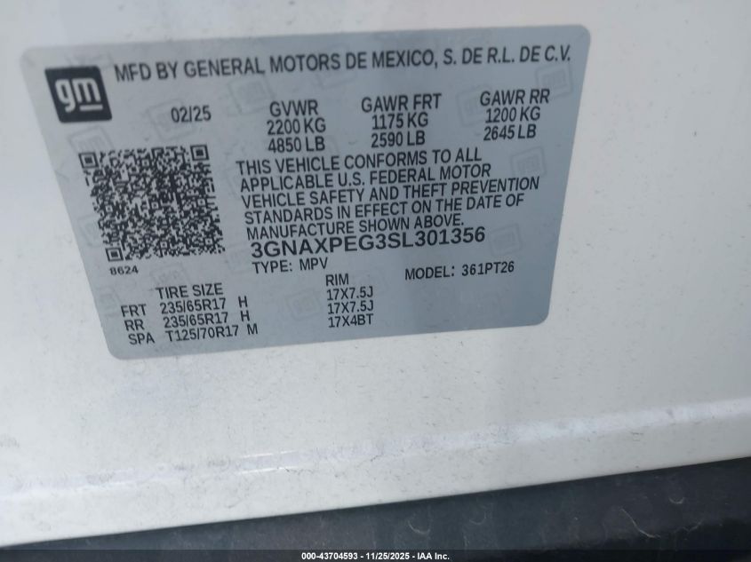 2025 Chevrolet Equinox Awd Lt VIN: 3GNAXPEG3SL301356 Lot: 43704593