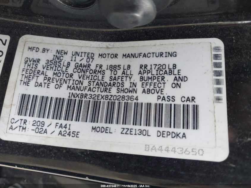 2008 Toyota Corolla Ce VIN: 1NXBR32EX8Z028364 Lot: 43704611