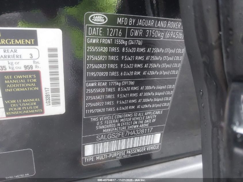 2017 Land Rover Range Rover 5.0L V8 Supercharged VIN: SALGS2FE7HA328117 Lot: 43704617