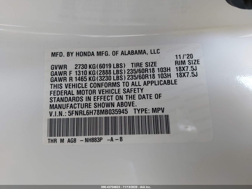 5FNRL6H78MB035945 2021 HONDA ODYSSEY photo no. 9