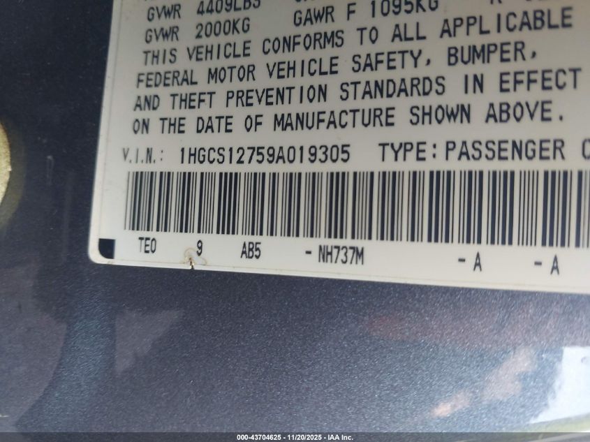 2009 Honda Accord 2.4 Ex VIN: 1HGCS12759A019305 Lot: 43704625