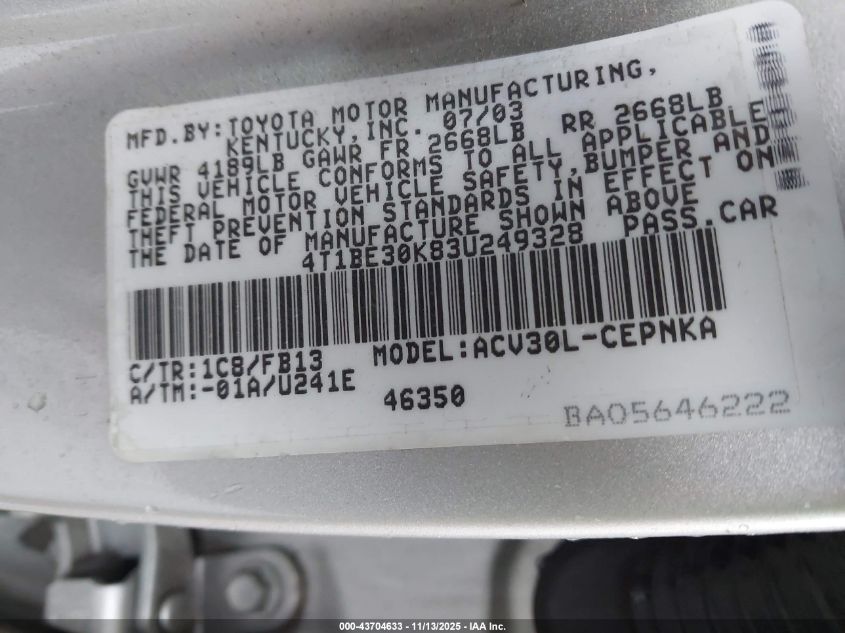 2003 Toyota Camry Le VIN: 4T1BE30K83U249328 Lot: 43704633