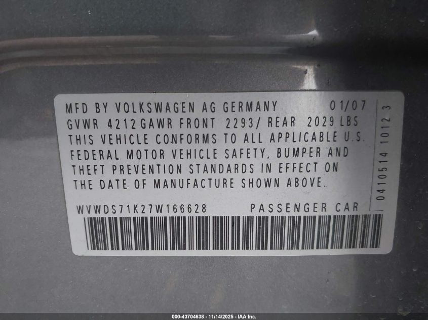 2007 Volkswagen Rabbit 4-Door VIN: WVWDS71K27W166628 Lot: 43704638