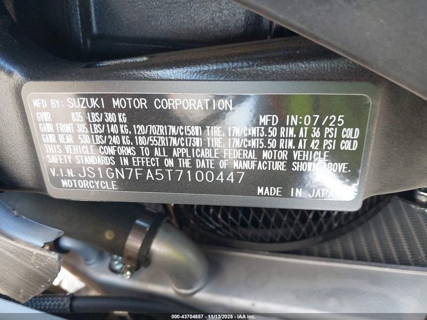 2026 Suzuki Gsx-R600 VIN: JS1GN7FA5T7100447 Lot: 43704657