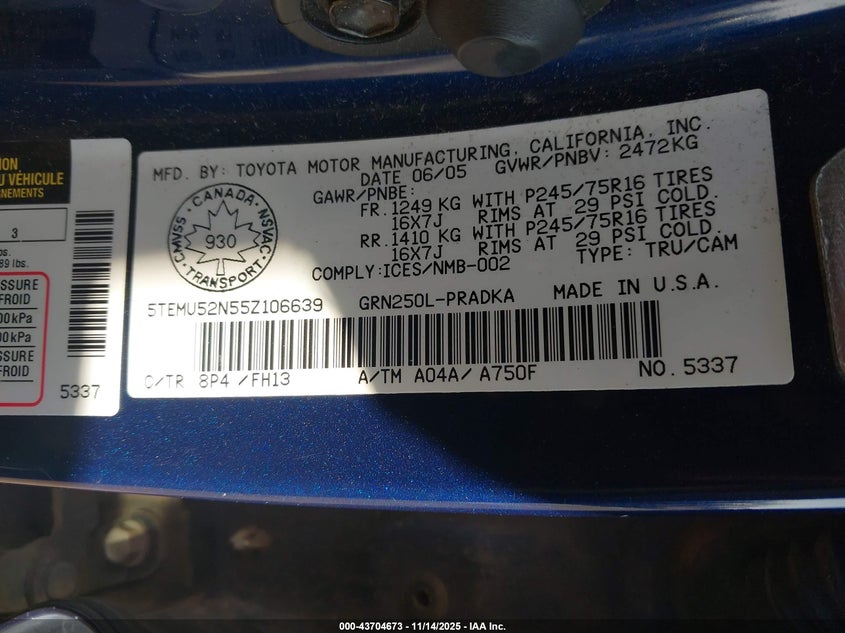 5TEMU52N55Z106639 2005 TOYOTA TACOMA photo no. 9