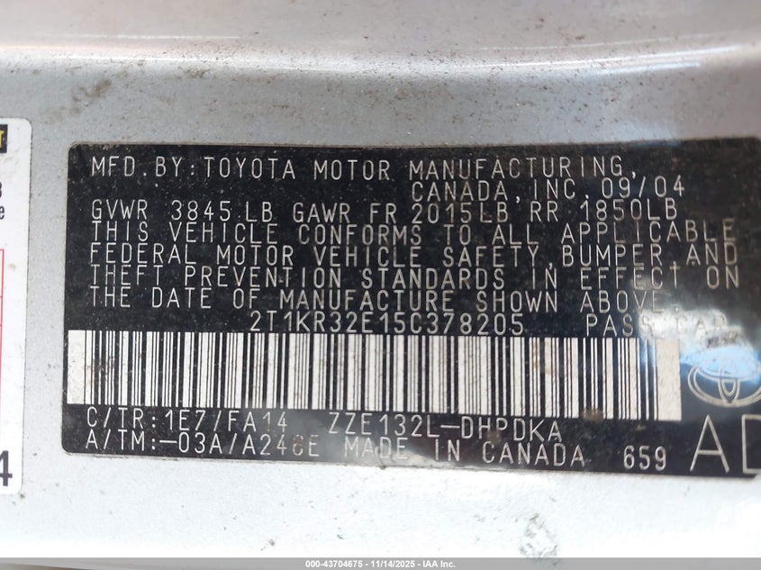 2005 Toyota Matrix VIN: 2T1KR32E15C378205 Lot: 43704675