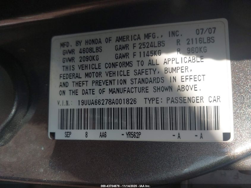 2008 Acura Tl 3.2 VIN: 19UUA66278A001826 Lot: 43704676