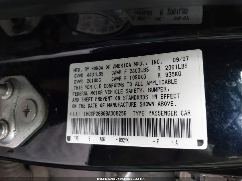 2008 Honda Accord 2.4 Ex-L VIN: 1HGCP26868A008256 Lot: 43704704