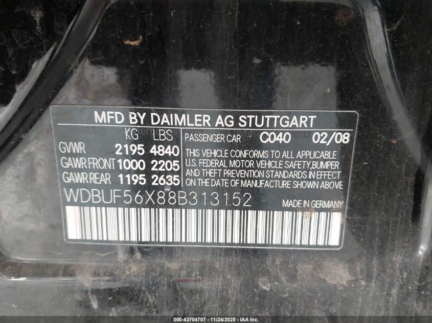 2008 Mercedes-Benz E 350 VIN: WDBUF56X88B313152 Lot: 43704707