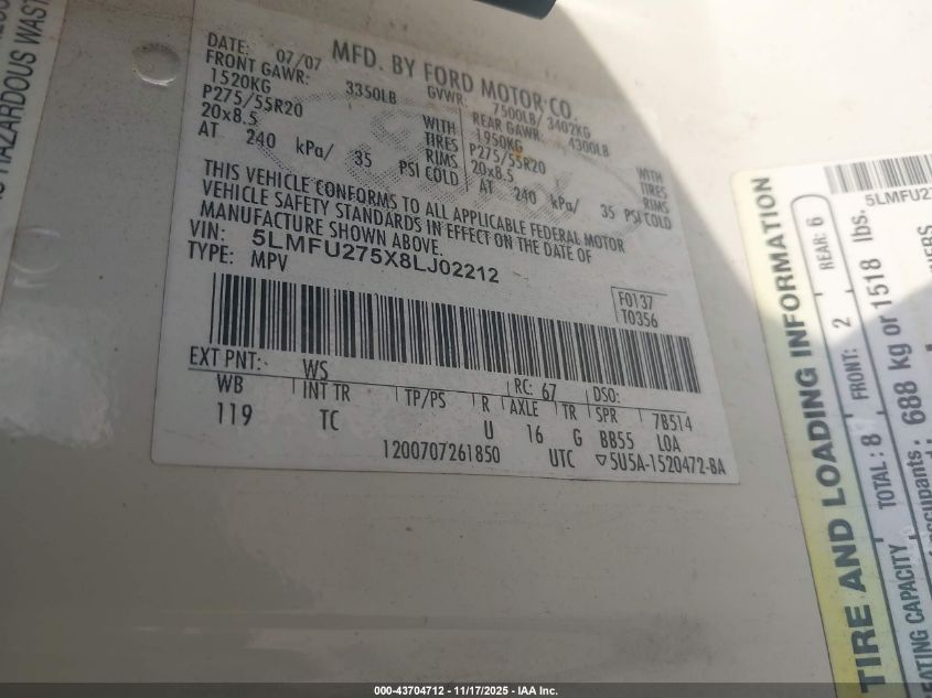 2008 Lincoln Navigator VIN: 5LMFU275X8LJ02212 Lot: 43704712
