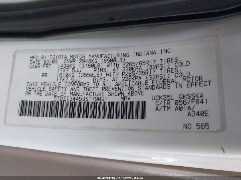 2003 Toyota Sequoia Sr5 V8 VIN: 5TDZT34A53S179091 Lot: 43704716