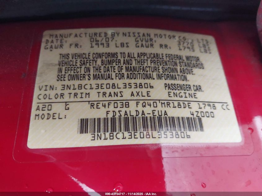 2008 Nissan Versa 1.8S VIN: 3N1BC13E08L353806 Lot: 43704717