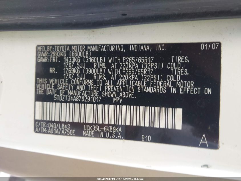 2007 Toyota Sequoia Sr5 V8 VIN: 5TDZT34A87S291017 Lot: 43704719