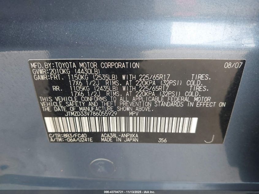 2008 Toyota Rav4 VIN: JTMZD33V786055929 Lot: 43704721