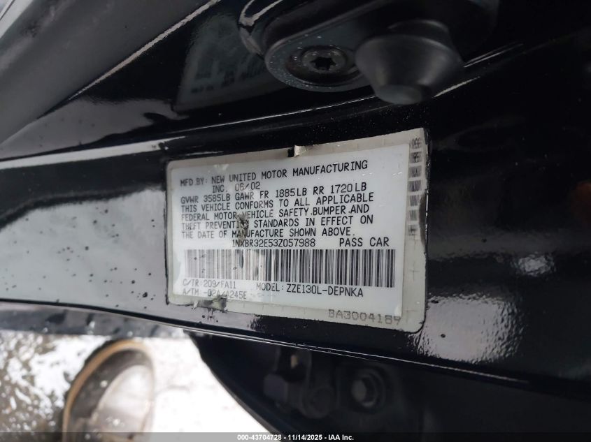 2003 Toyota Corolla Le VIN: 1NXBR32E53Z057988 Lot: 43704728