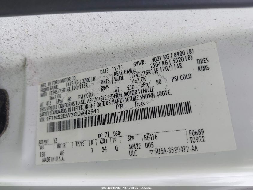 2012 Ford E-250 Commercial VIN: 1FTNS2EW3CDA42541 Lot: 43704738