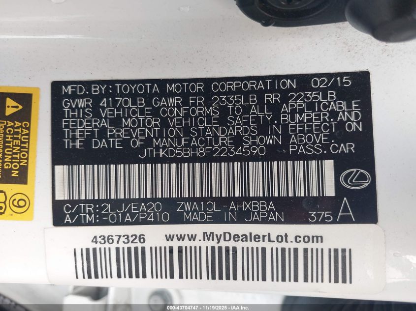 2015 Lexus Ct 200H VIN: JTHKD5BH8F2234590 Lot: 43704747