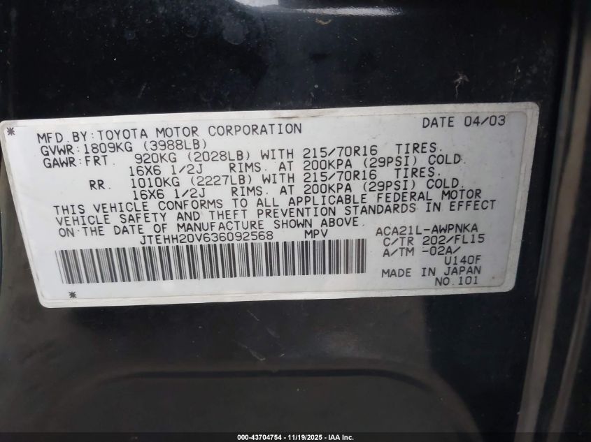 2003 Toyota Rav4 VIN: JTEHH20V636092568 Lot: 43704754