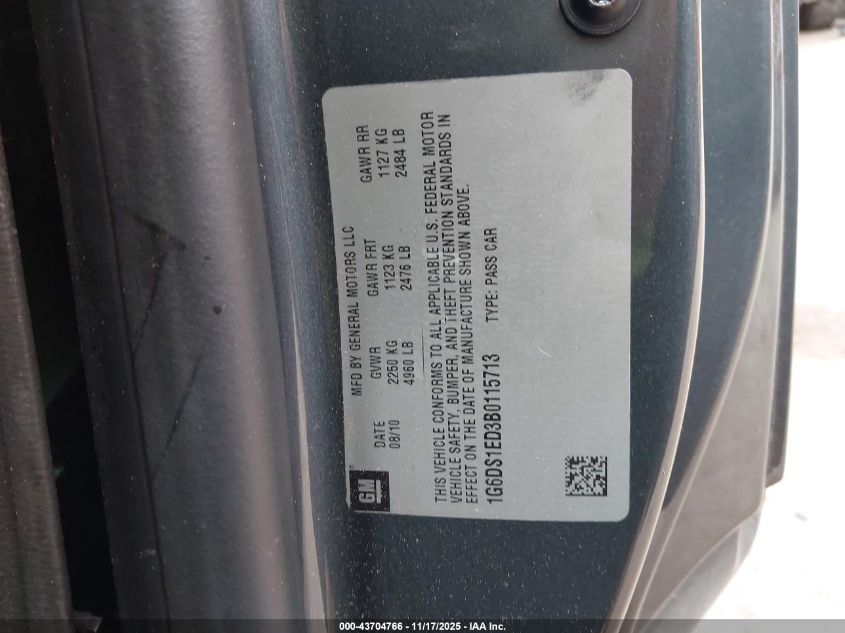 2011 Cadillac Cts VIN: 1G6DS1ED380115713 Lot: 43704766