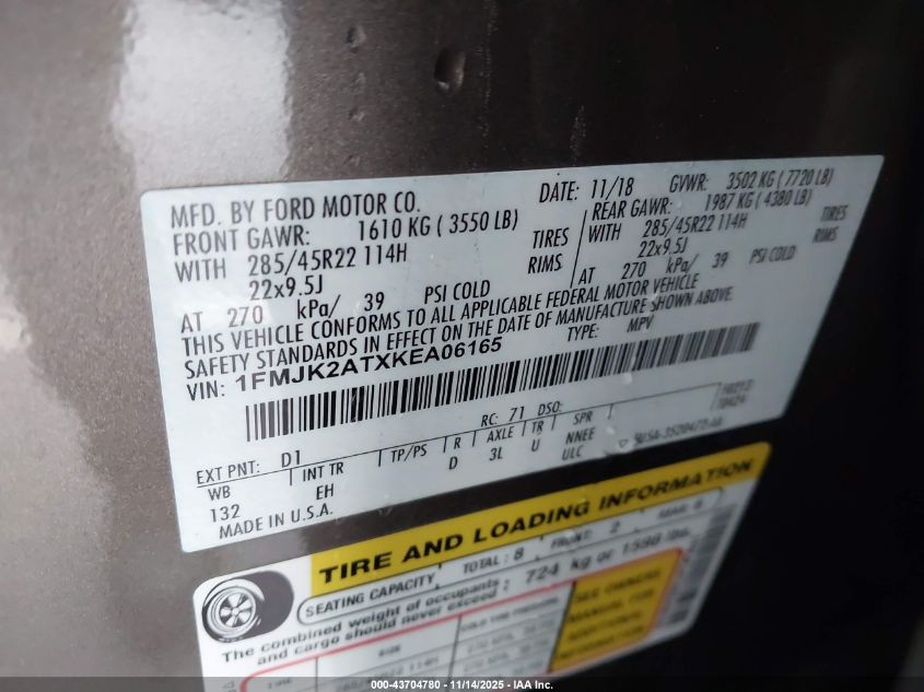 2019 Ford Expedition Max Limited VIN: 1FMJK2ATXKEA06165 Lot: 43704780