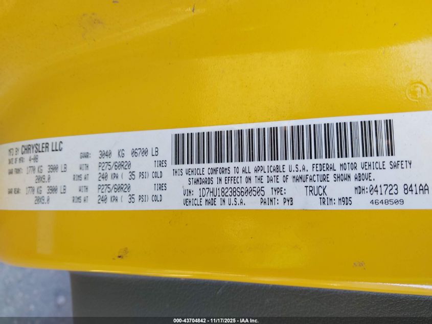 2008 Dodge Ram 1500 Slt VIN: 1D7HU18238S600505 Lot: 43704842