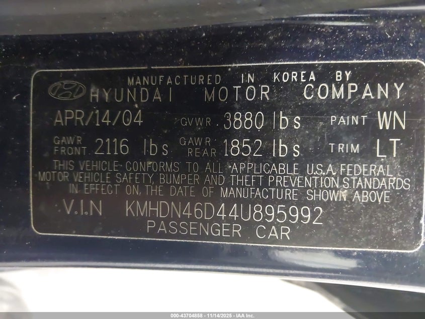 KMHDN46D44U895992 2004 HYUNDAI ELANTRA photo no. 9