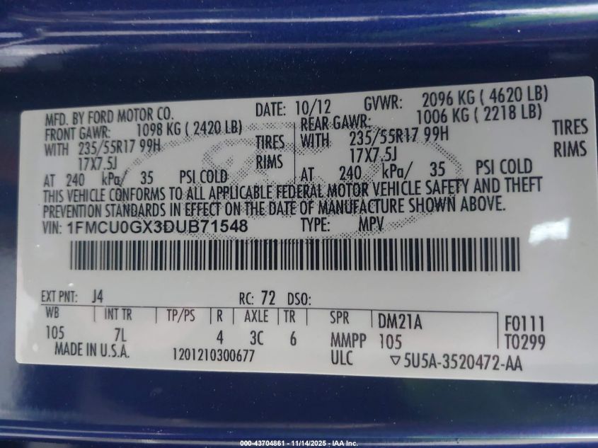 2013 Ford Escape Se VIN: 1FMCU0GX3DUB71548 Lot: 43704861