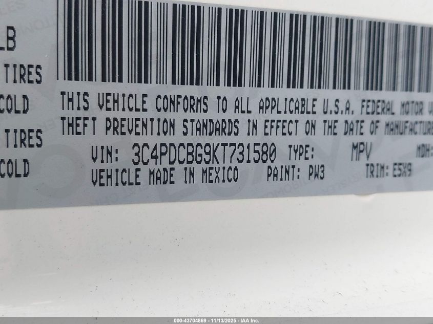 2019 Dodge Journey Se VIN: 3C4PDCBG9KT731580 Lot: 43704869