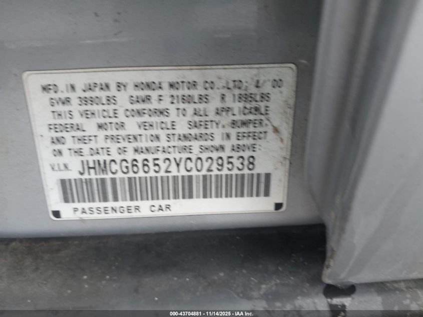 2000 Honda Accord 2.3 Lx VIN: JHMCG6652YC029538 Lot: 43704881