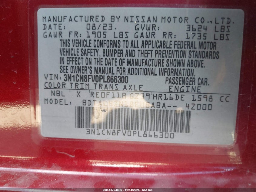 3N1CN8FV0PL866300 2023 NISSAN VERSA photo no. 9