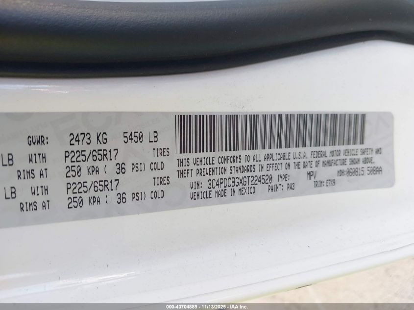 2016 Dodge Journey Sxt VIN: 3C4PDCBGXGT224520 Lot: 43704889