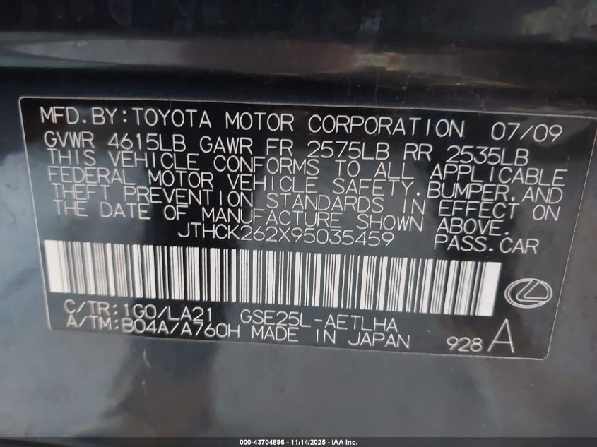 2009 Lexus Is 250 VIN: JTHCK262X95035459 Lot: 43704896