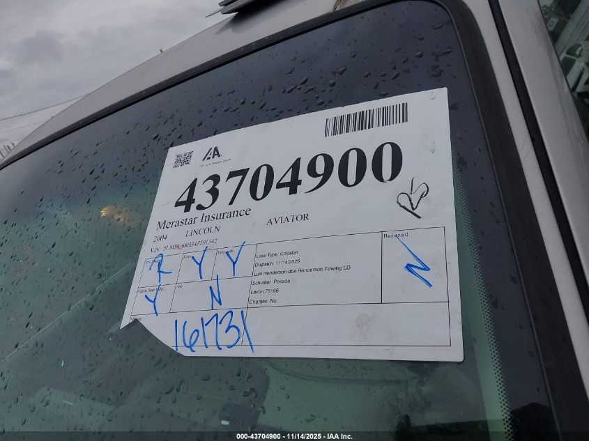 2004 Lincoln Aviator VIN: 5LMEU68H34ZJ01342 Lot: 43704900