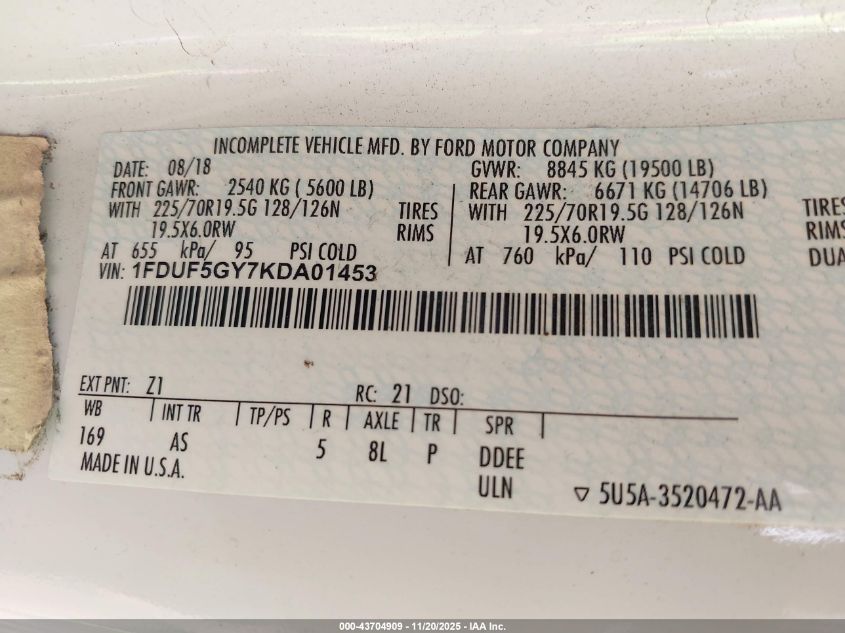 2019 Ford F-550 Chassis Xl VIN: 1FDUF5GY7KDA01453 Lot: 43704909