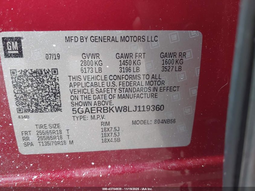 2020 Buick Enclave Fwd Essence VIN: 5GAERBKW8LJ119360 Lot: 43704939