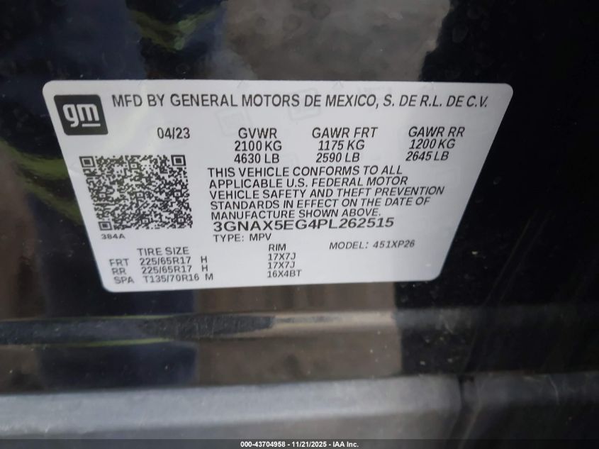 2023 Chevrolet Equinox Awd 1Fl VIN: 3GNAX5EG4PL262515 Lot: 43704958