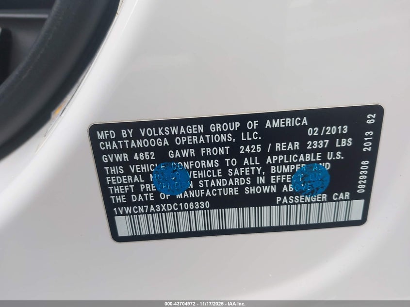 2013 Volkswagen Passat 2.0L Tdi Sel Premium VIN: 1VWCN7A3XDC106330 Lot: 43704972
