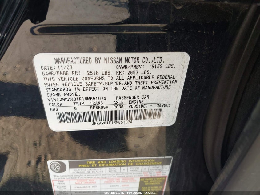 2008 Infiniti M35X VIN: JNKAY01F18M651074 Lot: 43704975