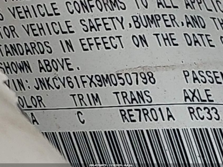 2009 Infiniti G37X VIN: JNKCV61FX9M050798 Lot: 43704979