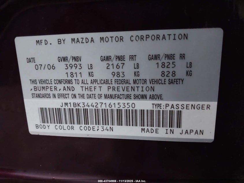 2007 Mazda Mazda3 S Touring VIN: JM1BK344271615350 Lot: 43704986