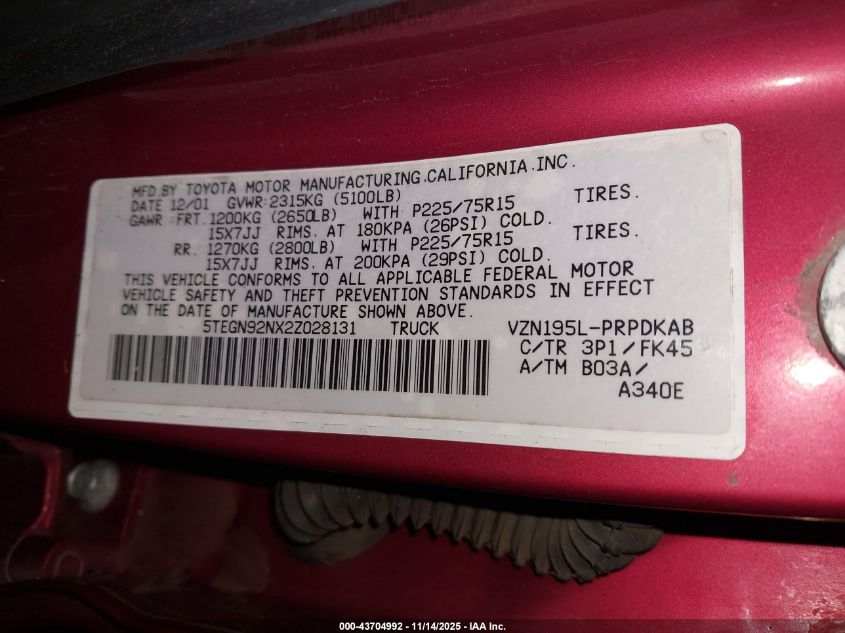 2002 Toyota Tacoma Prerunner V6 VIN: 5TEGN92NX2Z028131 Lot: 43704992