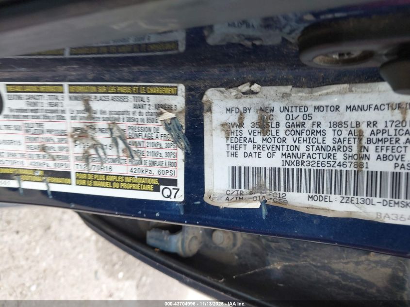 2005 Toyota Corolla S VIN: 1NXBR32E65Z467881 Lot: 43704996