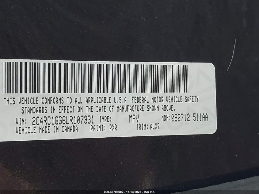 2020 Chrysler Pacifica Limited VIN: 2C4RC1GG6LR107331 Lot: 43705002