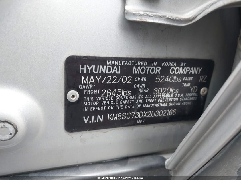 KM8SC73DX2U302166 2002 HYUNDAI SANTA FE photo no. 9
