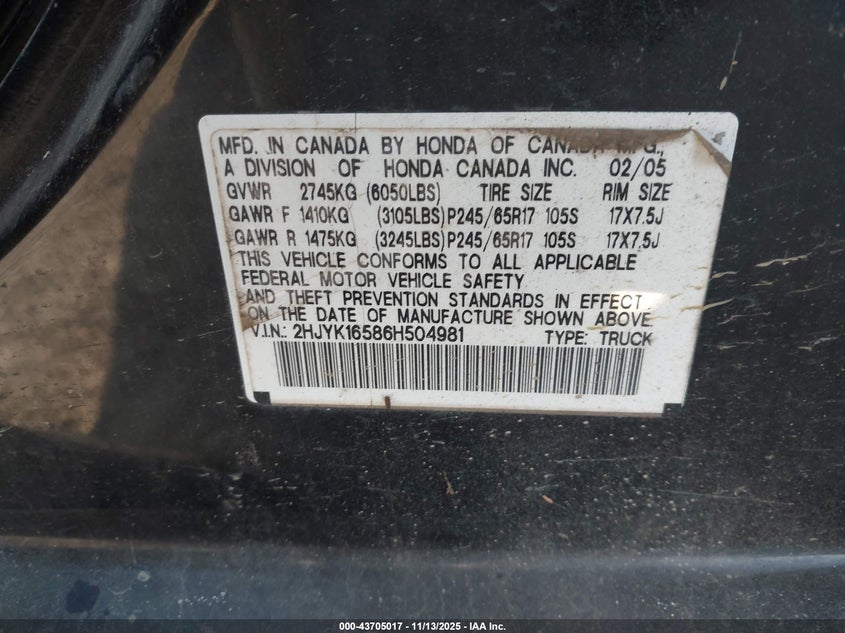 2006 Honda Ridgeline Rtl VIN: 2HJYK16586H504981 Lot: 43705017