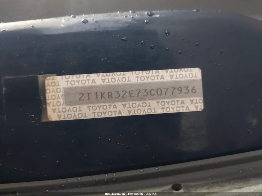 2003 Toyota Matrix Xr VIN: 2T1KR32E73C077936 Lot: 43705026