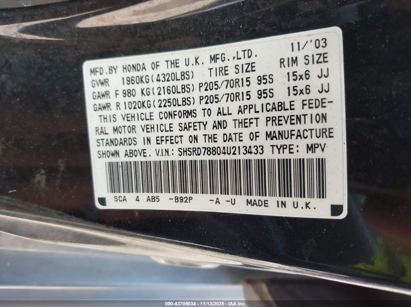 2004 Honda Cr-V Ex VIN: SHSRD78804U213433 Lot: 43705034
