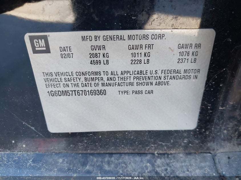 2007 Cadillac Cts Standard VIN: 1G6DM57T670169360 Lot: 43705039