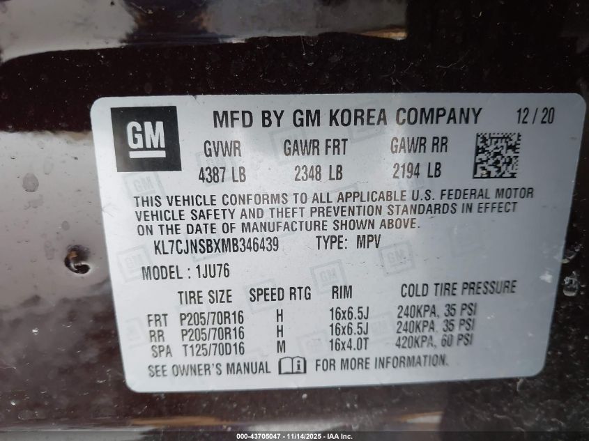 2021 Chevrolet Trax Awd Ls VIN: KL7CJNSBXMB346439 Lot: 43705047